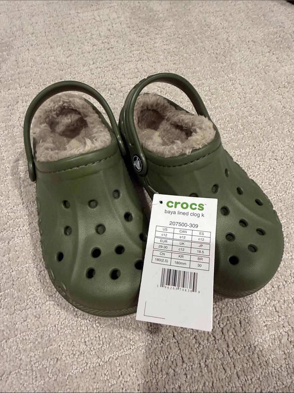 CROCS Kids Baya Lined Clog in Olive Green